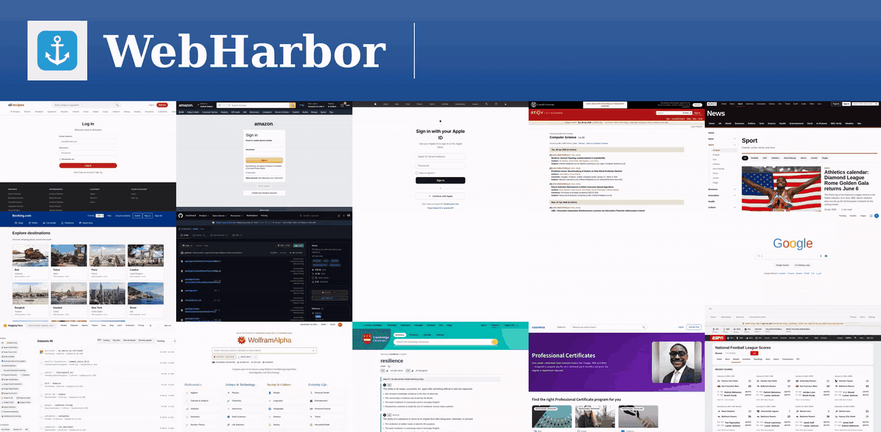 WebHarbor: Docking Real Websites for Evolving GUI Agent Environments teaser